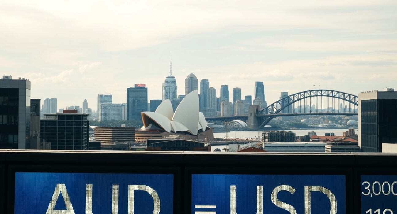 Sydney skyline with digital currency exchange boards showing AUD/USD rates