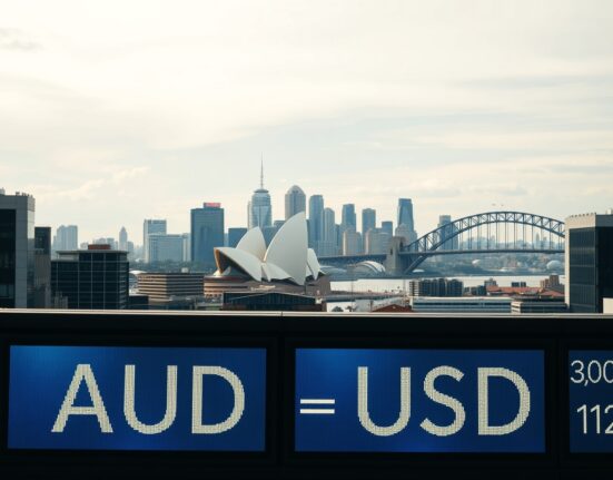 Sydney skyline with digital currency exchange boards showing AUD/USD rates