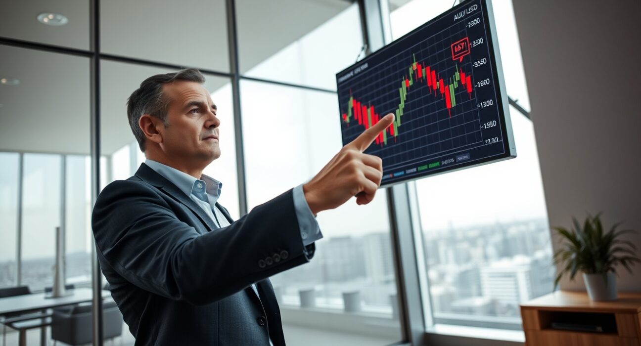 Financial analyst pointing at AUD/USD chart showing downward trend in modern office