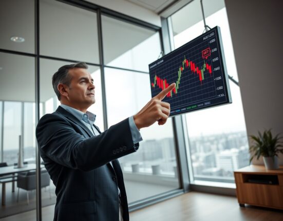 Financial analyst pointing at AUD/USD chart showing downward trend in modern office