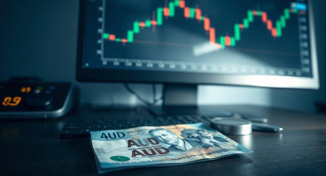 Australian dollar banknote on desk with financial chart on monitor in background