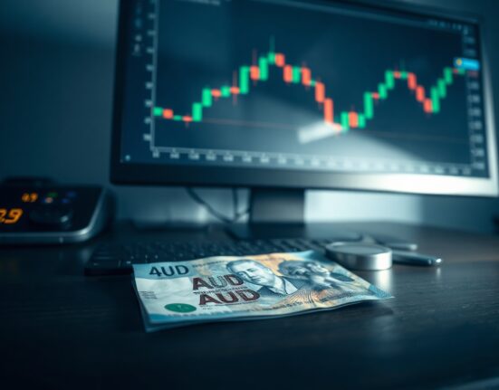 Australian dollar banknote on desk with financial chart on monitor in background