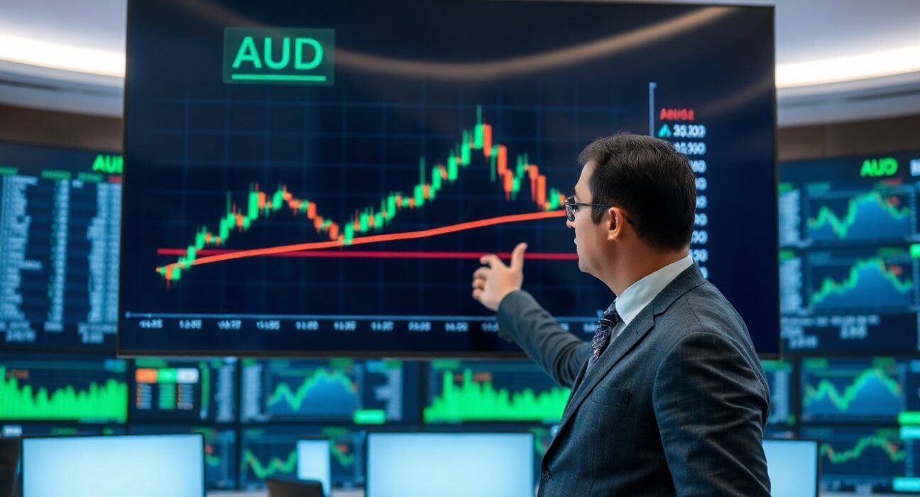 Financial analyst pointing at AUD/USD chart showing plateau after RBA pause