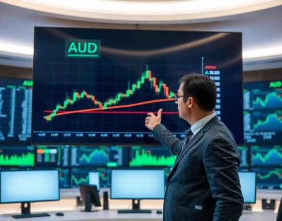 Financial analyst pointing at AUD/USD chart showing plateau after RBA pause