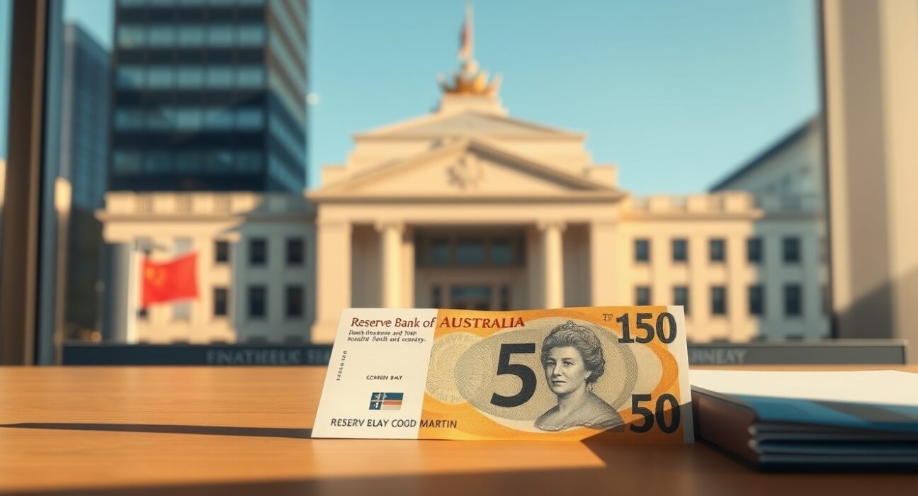 Australian dollar and Reserve Bank of Australia headquarters ahead of monetary policy decision.