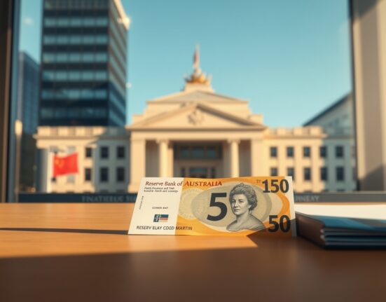 Australian dollar and Reserve Bank of Australia headquarters ahead of monetary policy decision.