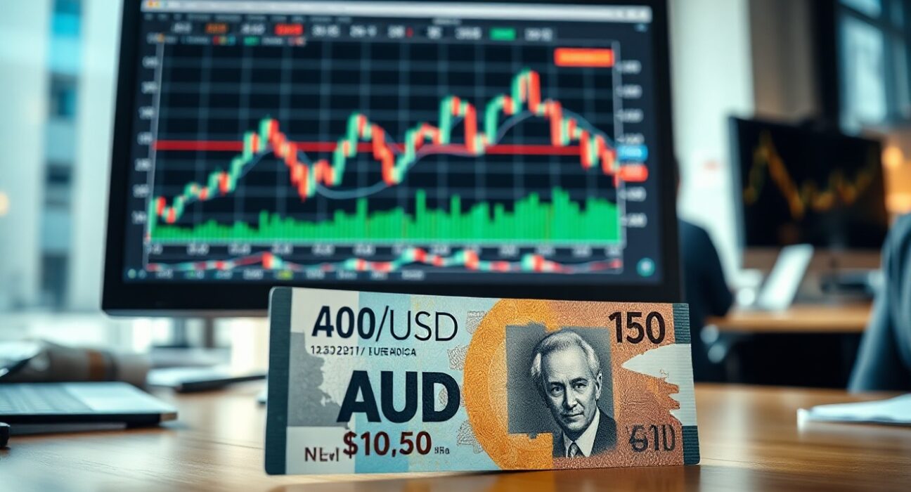 Analyst desk with AUD/USD chart and Australian dollar banknotes