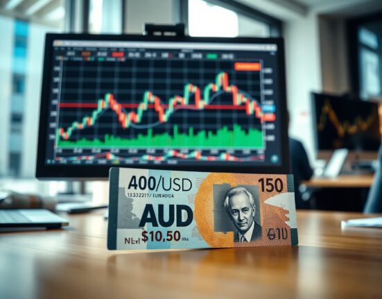 Analyst desk with AUD/USD chart and Australian dollar banknotes