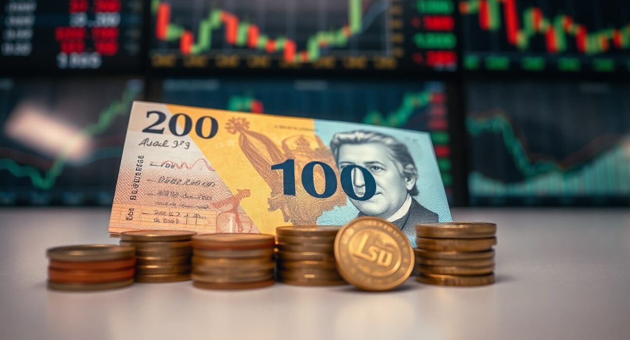 Australian dollar banknotes and coins with a blurred financial chart background