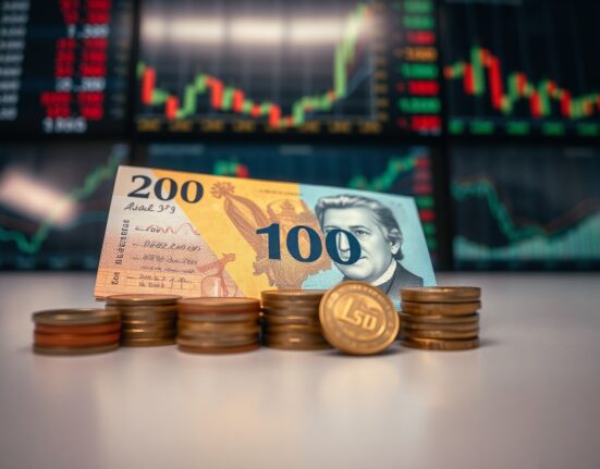 Australian dollar banknotes and coins with a blurred financial chart background