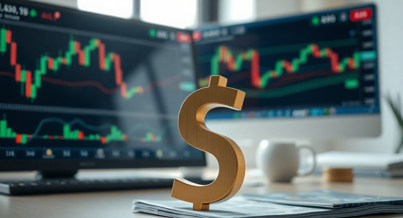 Australian Dollar currency symbol on a financial desk with market charts in the background.