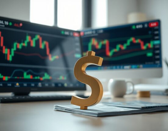 Australian Dollar currency symbol on a financial desk with market charts in the background.