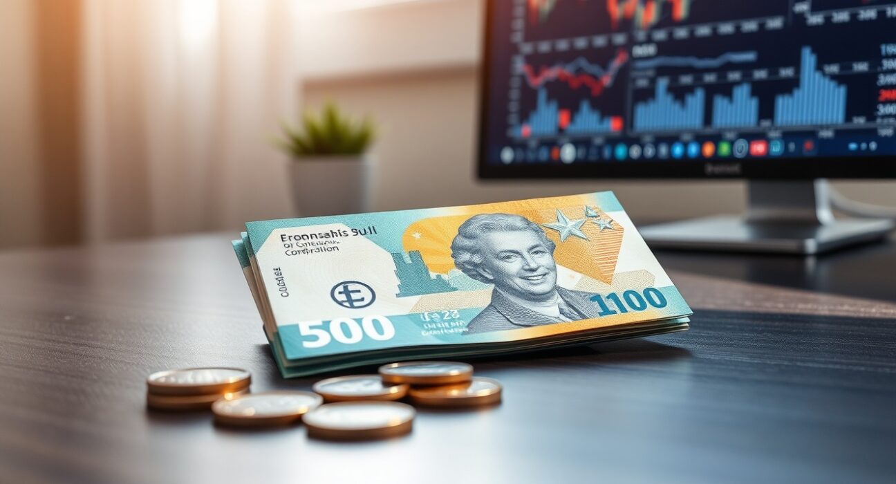 Australian dollar banknotes and coins on a desk with a financial chart in the background