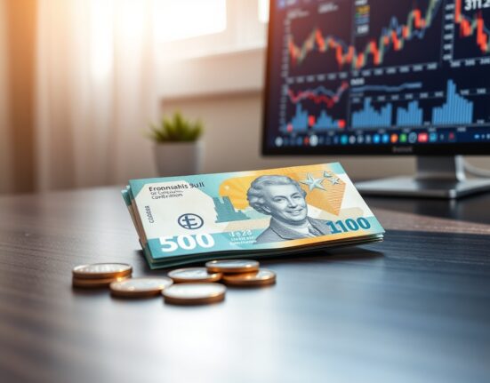 Australian dollar banknotes and coins on a desk with a financial chart in the background