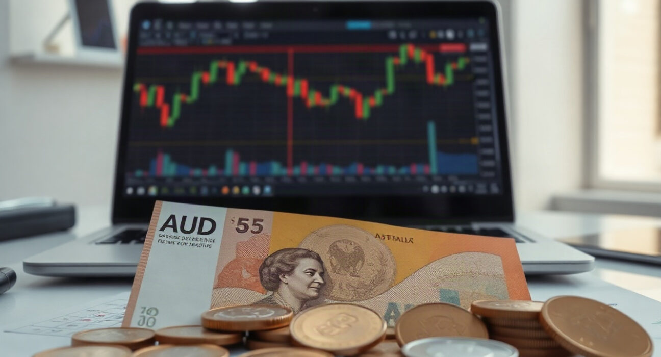 Australian Dollar banknotes and coins on a financial desk with a trading chart in the background.