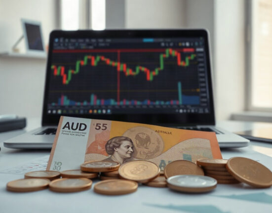 Australian Dollar banknotes and coins on a financial desk with a trading chart in the background.