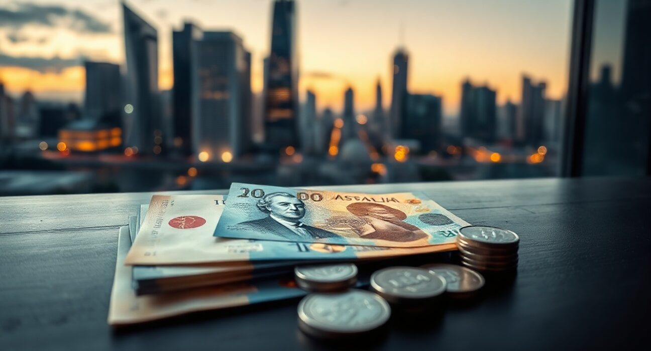 Australian dollar banknotes and coins with financial district skyline in background