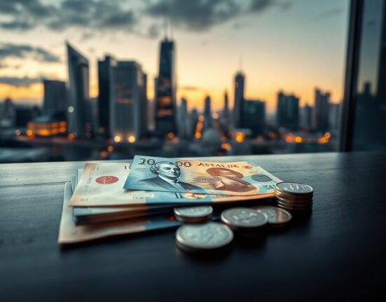 Australian dollar banknotes and coins with financial district skyline in background