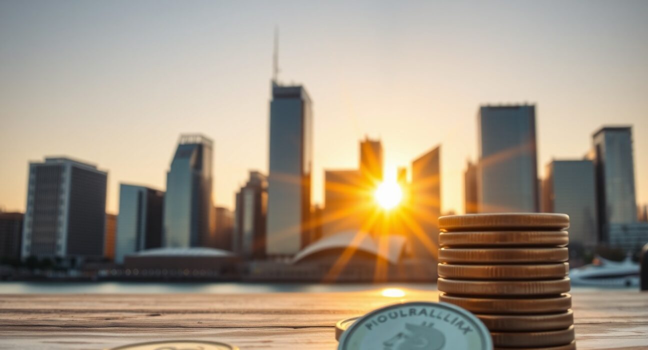Sydney financial district skyline at golden hour with Australian Dollar coins in foreground, representing forex market analysis.