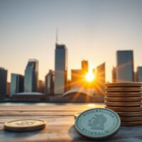 Sydney financial district skyline at golden hour with Australian Dollar coins in foreground, representing forex market analysis.