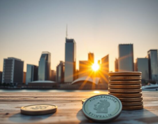 Sydney financial district skyline at golden hour with Australian Dollar coins in foreground, representing forex market analysis.