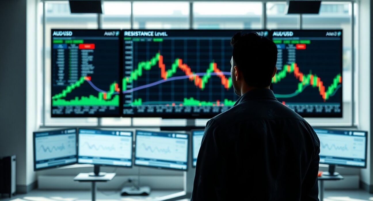 Trader analyzing AUD/USD resistance level on forex chart in professional trading office