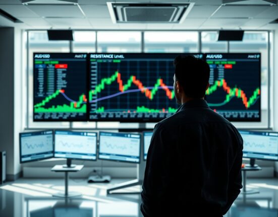 Trader analyzing AUD/USD resistance level on forex chart in professional trading office
