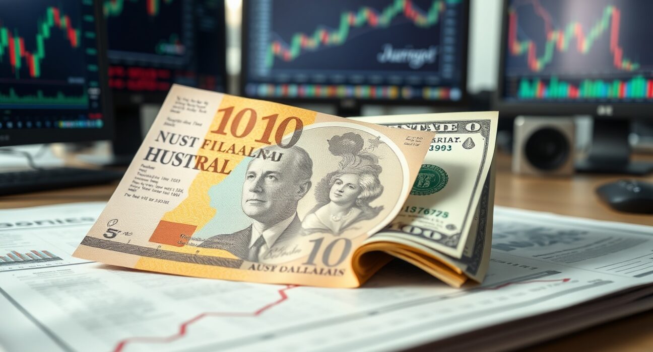 Australian dollar and US dollar banknotes on financial chart with upward trend line