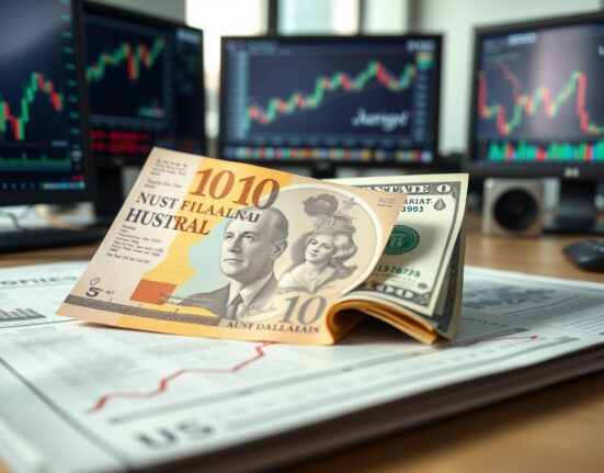Australian dollar and US dollar banknotes on financial chart with upward trend line
