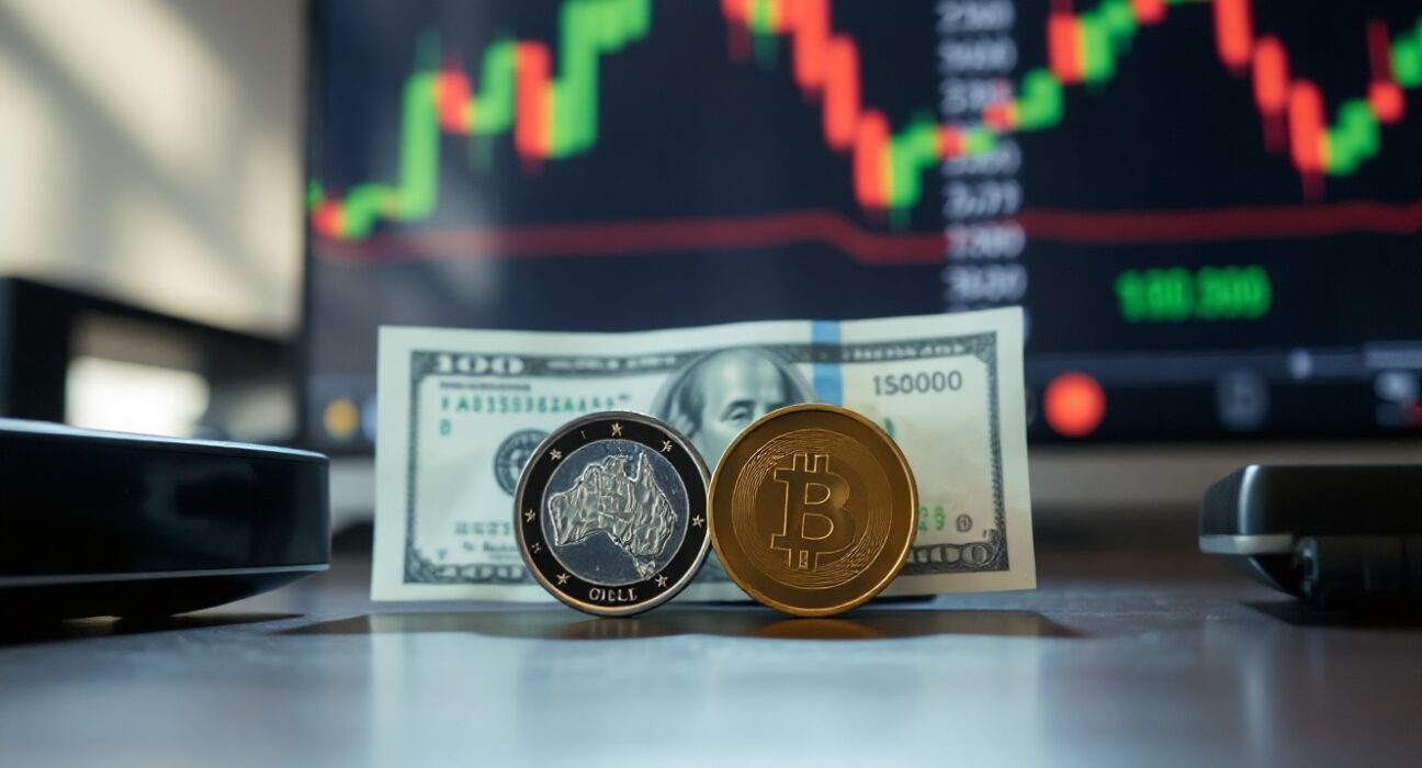 Australian Dollar coin and US Dollar bill on desk with forex chart in background