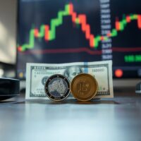 Australian Dollar coin and US Dollar bill on desk with forex chart in background