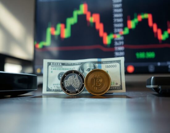 Australian Dollar coin and US Dollar bill on desk with forex chart in background