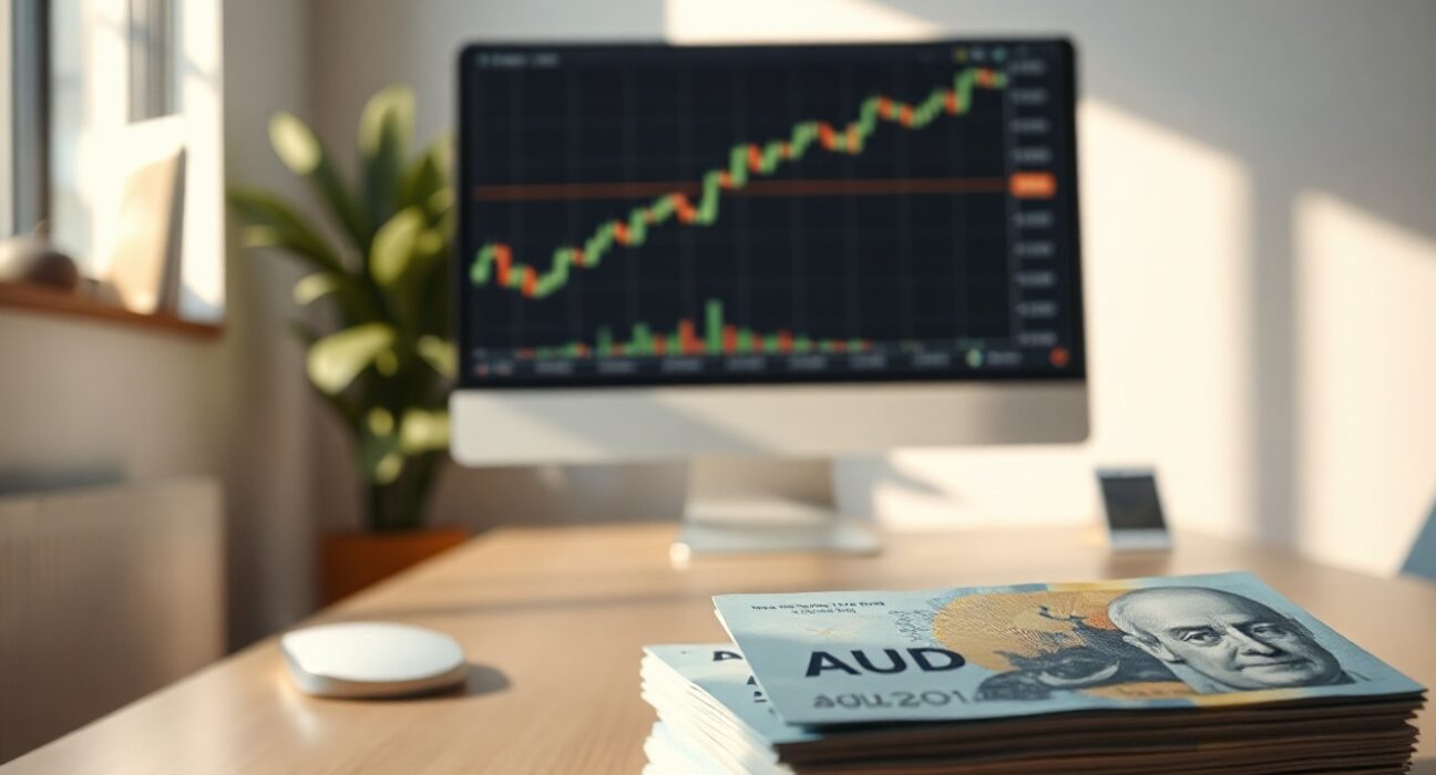 Australian Dollar banknotes and forex trading chart showing upward trend