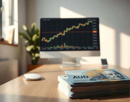 Australian Dollar banknotes and forex trading chart showing upward trend