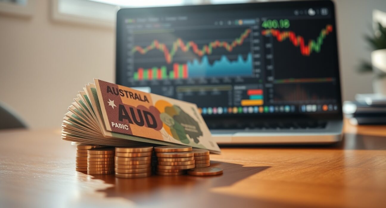 Australian Dollar banknotes and coins on a desk with a laptop showing financial charts