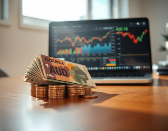 Australian Dollar banknotes and coins on a desk with a laptop showing financial charts