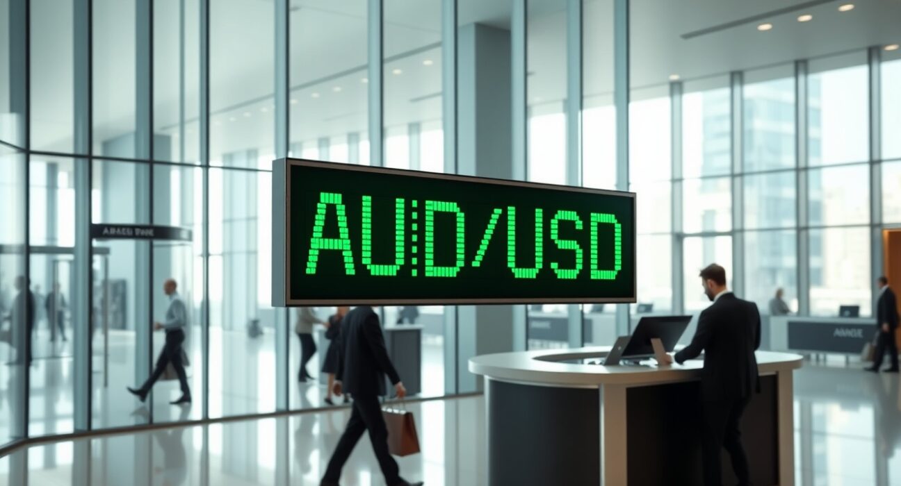 Digital currency exchange board showing AUD/USD rate in a modern financial district