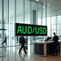 Digital currency exchange board showing AUD/USD rate in a modern financial district