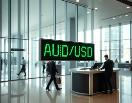 Digital currency exchange board showing AUD/USD rate in a modern financial district