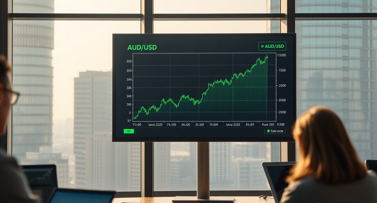 AUD/USD forex chart on a trading screen in a Sydney financial office