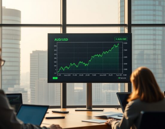 AUD/USD forex chart on a trading screen in a Sydney financial office