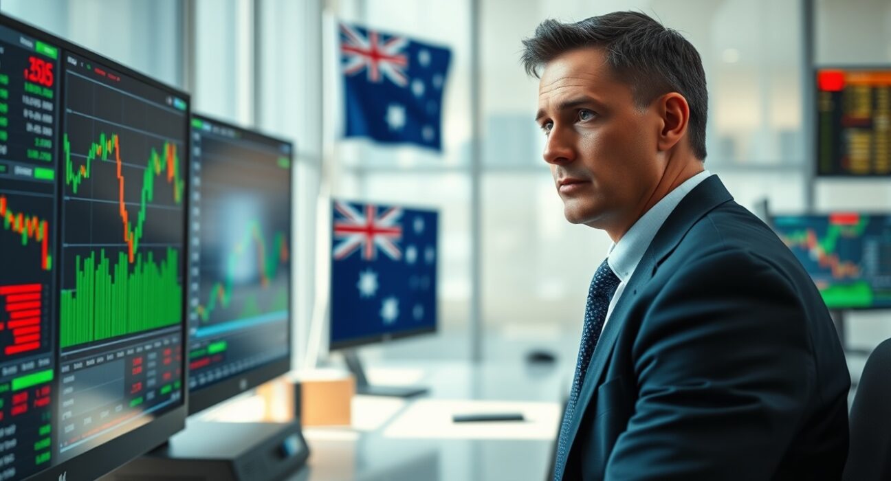 Trader monitoring Australian Dollar exchange rates and trade balance data on financial screens