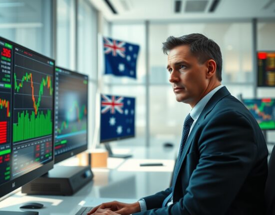 Trader monitoring Australian Dollar exchange rates and trade balance data on financial screens