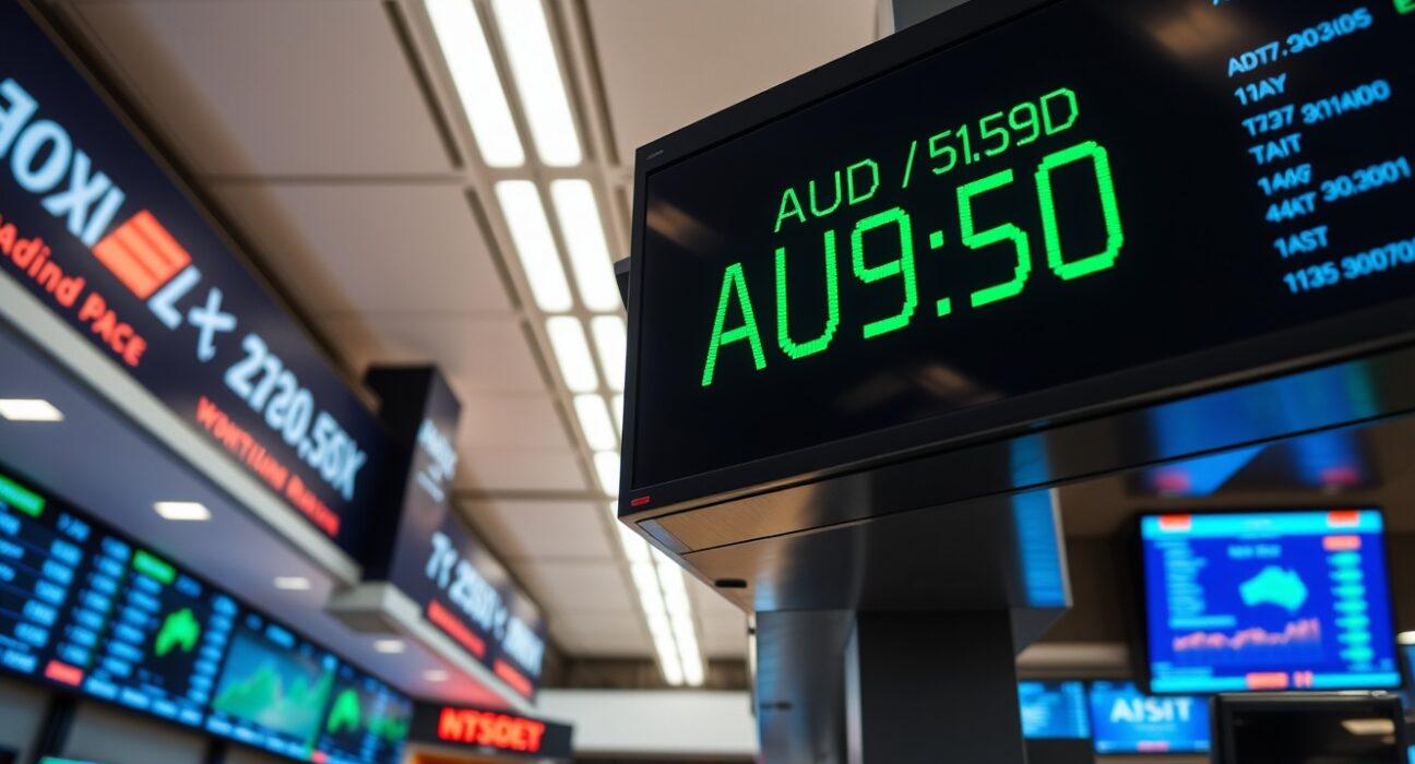 AUD/USD exchange rate board showing recovery in a modern trading floor