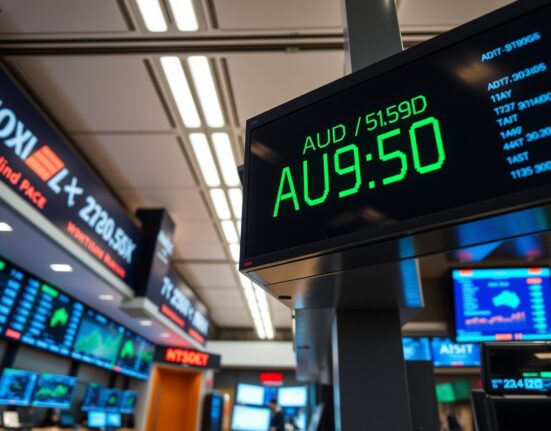 AUD/USD exchange rate board showing recovery in a modern trading floor