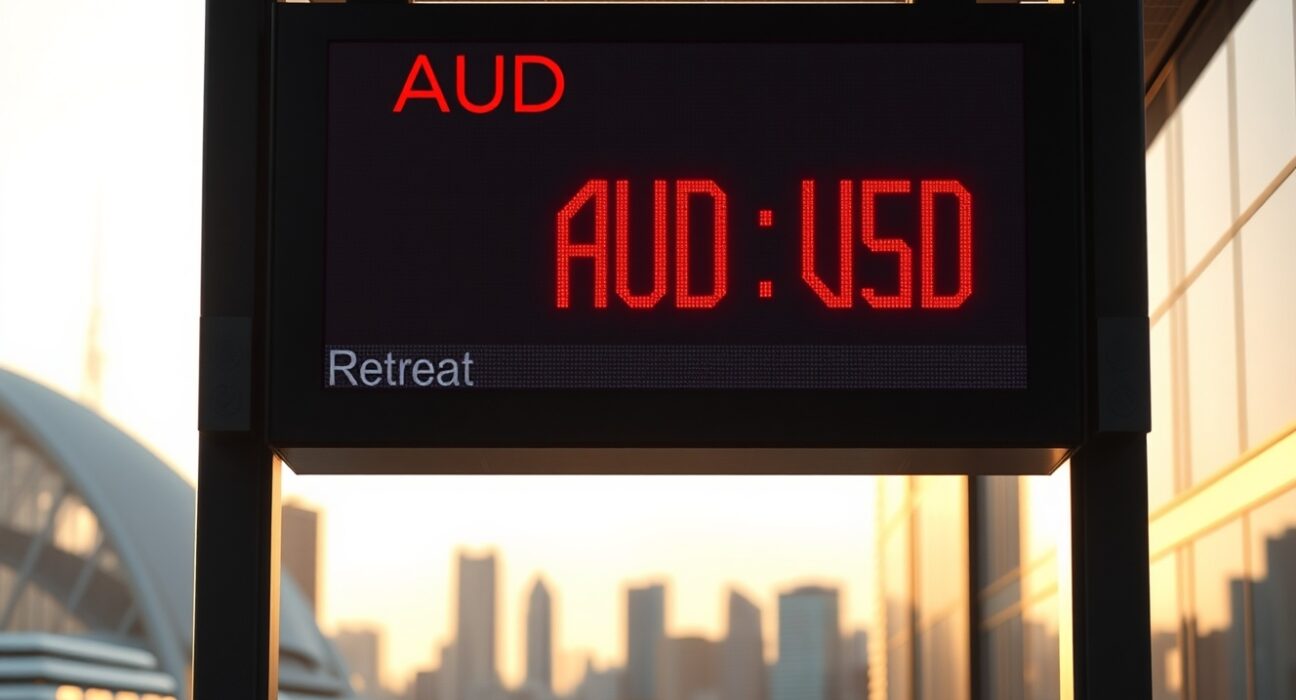 AUD/USD exchange rate board in Sydney financial district showing a retreat in the Australian Dollar.