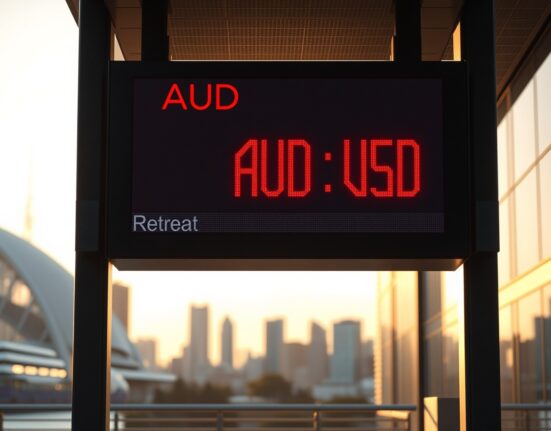 AUD/USD exchange rate board in Sydney financial district showing a retreat in the Australian Dollar.