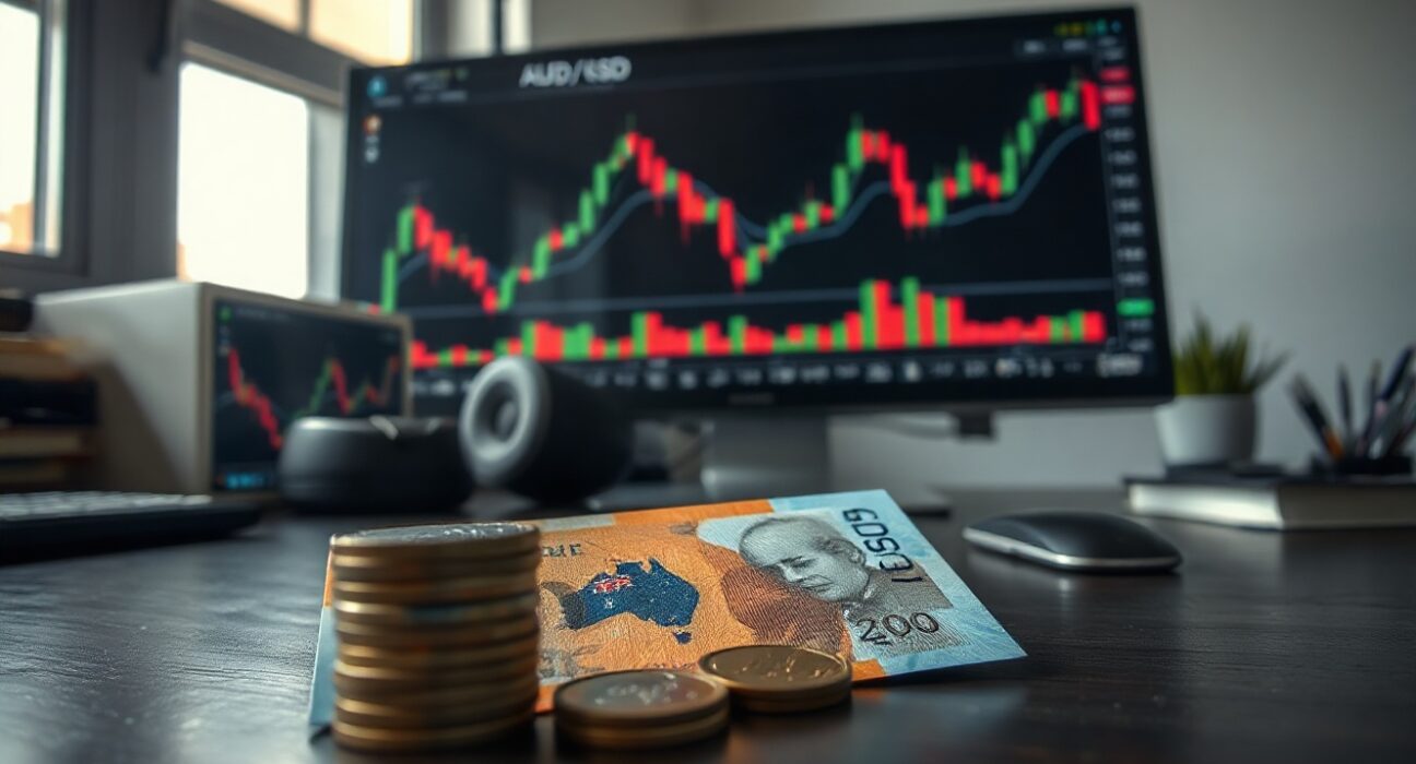 Australian Dollar banknotes and coins with a computer monitor showing AUD/USD chart