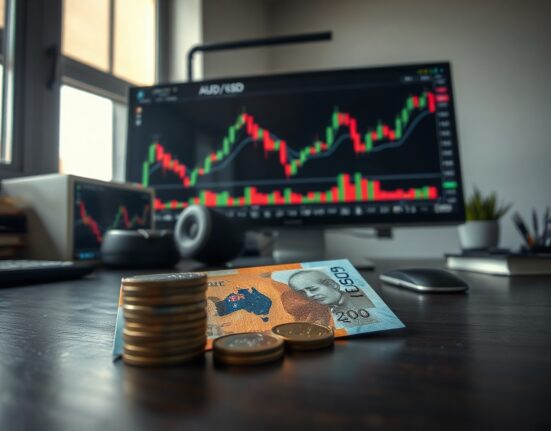 Australian Dollar banknotes and coins with a computer monitor showing AUD/USD chart