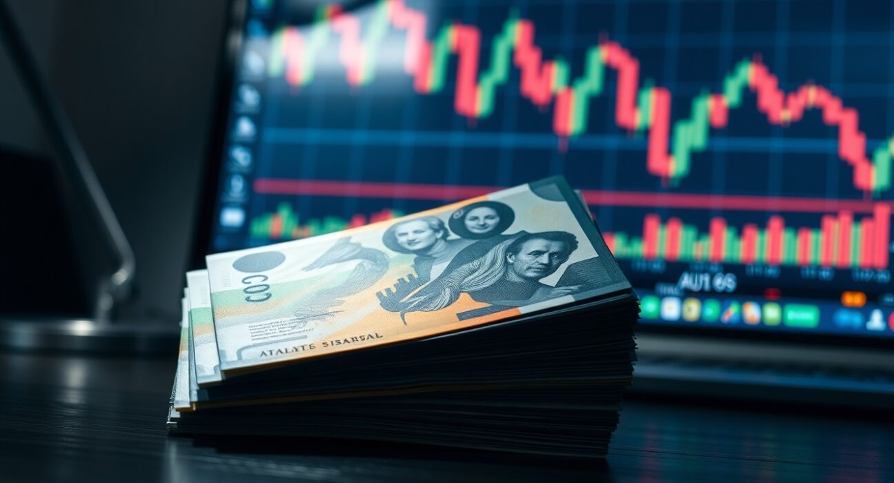 Australian dollar banknotes in foreground with a forex chart showing a decline in the background